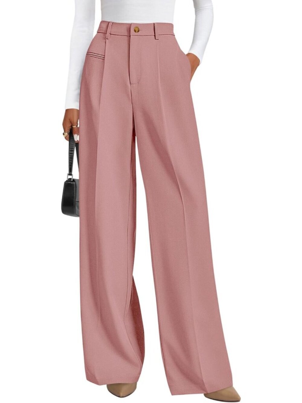 Women's Pink Business Casual Flowy Work High Waisted Wide Leg Dress Pants